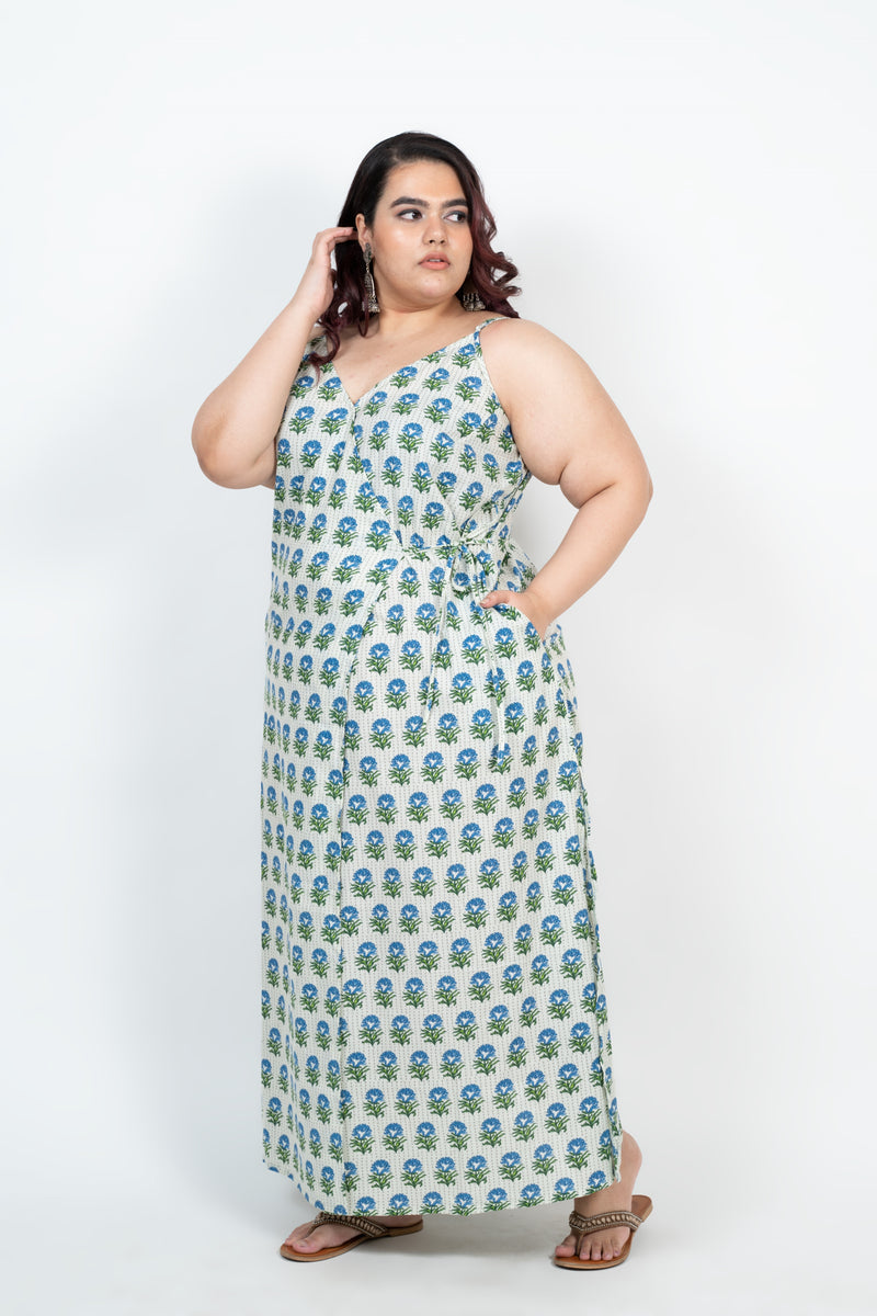 GREEN AND BLUE COTTON PRINTED DRESS