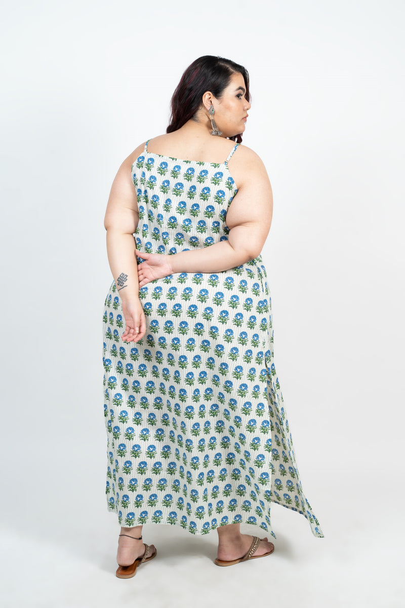 Green And Blue Cotton Printed Dress